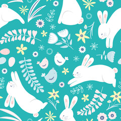 Easter pattern with rabbits and flowers, cute vector Holiday background of bunnies, chicks and eggs. Vector seamless repeat. 