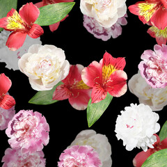Beautiful floral background of peonies and alstroemeria. Isolated