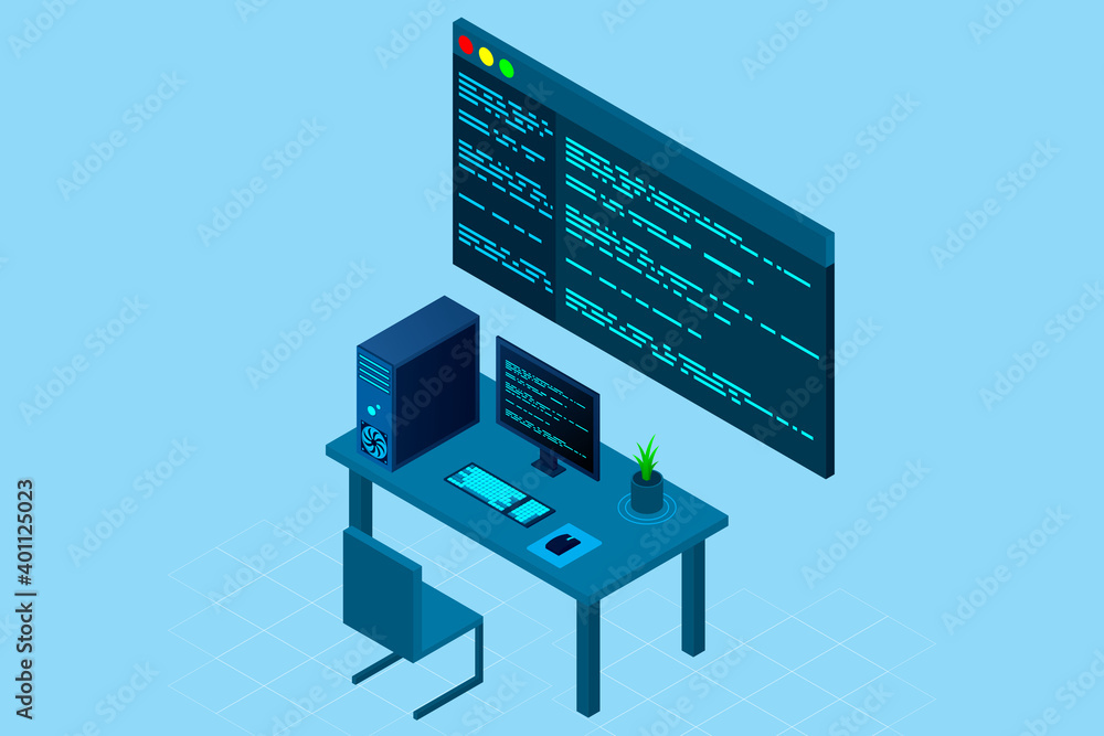 Fototapete Programming or Software development web page template. Vector illustration with laptop isometric view and program code on screen. Programming concept. vector illustration