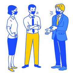 Business people standing and chatting together, wearing medical mask in protection of Coronavirus or Covid-19 outbreak. Outline, linear, thin line art, hand drawn sketch design, simple style.