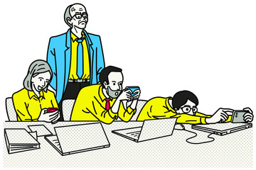 Angry and frustrated boss standing behinds his subordinate who keep using smartphone with social network addiction. Outline, linear, thin line art, hand drawn sketch design, simple style.