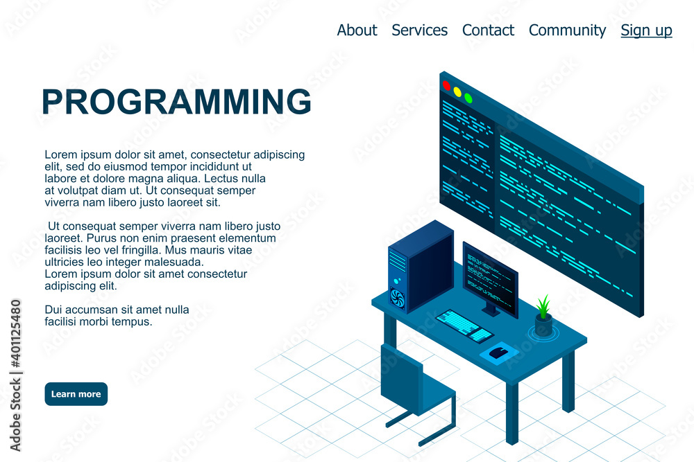Fototapete Programming or Software development web page template. Vector illustration with laptop isometric view and program code on screen. Programming concept. vector illustration