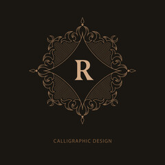 Beautiful Floral Monogram. Letter R. Elegant Logo. Calligraphic Design. Luxury Emblem. Vintage Ornament. Graphics Style. Flourishes Boutique Brand. Creative Mark for Book Design. Vector Illustration