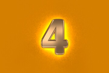 Fototapeta premium Copper or aged gold brassy alphabet with yellow noisy backlight - number 4 isolated on orange background, 3D illustration of symbols