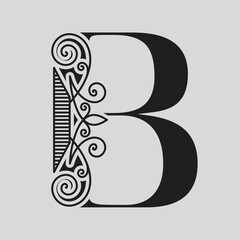 Elegant Capital letter B. Graceful style. Calligraphic Beautiful Logo. Vintage Drawn Emblem for Book Design, Brand Name, Business Card, Restaurant, Boutique, Hotel. Black and White Vector illustration