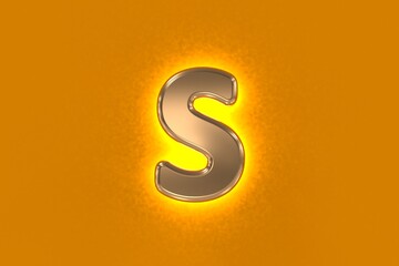 Naklejka premium Copper or aged gold metallic alphabet with yellow noisy backlight - letter S isolated on orange background, 3D illustration of symbols