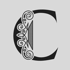 Elegant Capital letter C. Graceful style. Calligraphic Beautiful Logo. Vintage Drawn Emblem for Book Design, Brand Name, Business Card, Restaurant, Boutique, Hotel. Black and White Vector illustration