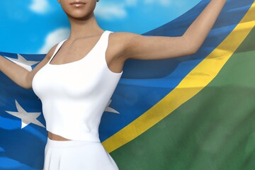 Fototapeta na wymiar sexy girl holds Solomon Islands flag in hands behind her back on the cloudy sky background - flag concept 3d illustration