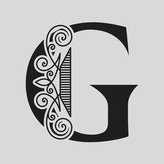 Elegant Capital letter G. Graceful style. Calligraphic Beautiful Logo. Vintage Drawn Emblem for Book Design, Brand Name, Business Card, Restaurant, Boutique, Hotel. Black and White Vector illustration