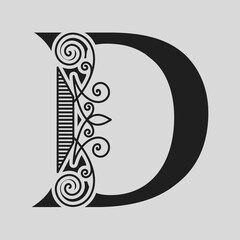 Elegant Capital letter D. Graceful style. Calligraphic Beautiful Logo. Vintage Drawn Emblem for Book Design, Brand Name, Business Card, Restaurant, Boutique, Hotel. Black and White Vector illustration