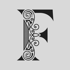 Elegant Capital letter F. Graceful style. Calligraphic Beautiful Logo. Vintage Drawn Emblem for Book Design, Brand Name, Business Card, Restaurant, Boutique, Hotel. Black and White Vector illustration