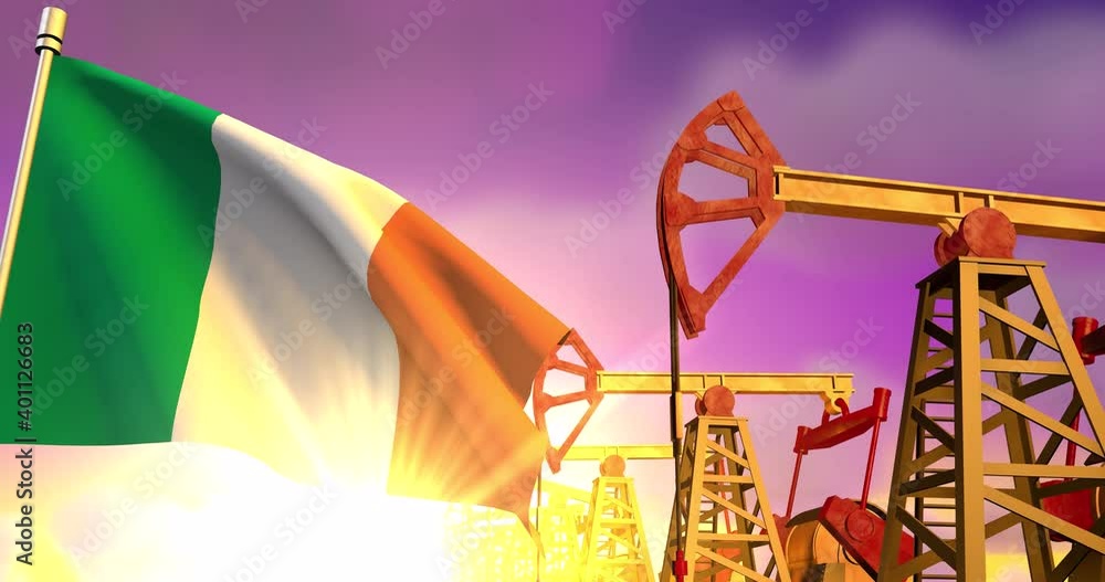 Wall mural Ireland flag on background of oil wells - Wall murals