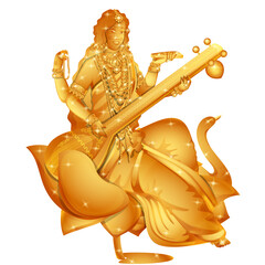 Golden Sculpture Of Goddess Saraswati With Lights Effect On White Background.