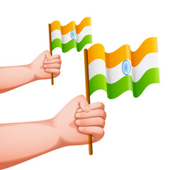 Hands Holding India Flags On White Background.