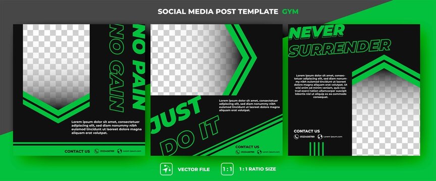 Set of Editable square banners. Gym and workout social media post. Black background and green arrow shape. Suitable for social media, banner, and internet ads. Flat design vector with a photo collage.