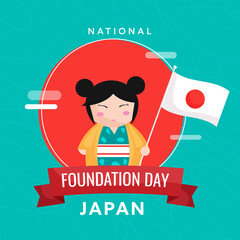 Japan National Foundation Day Text With Japanese Girl Character Holding Flag On Red And Turquoise Background.