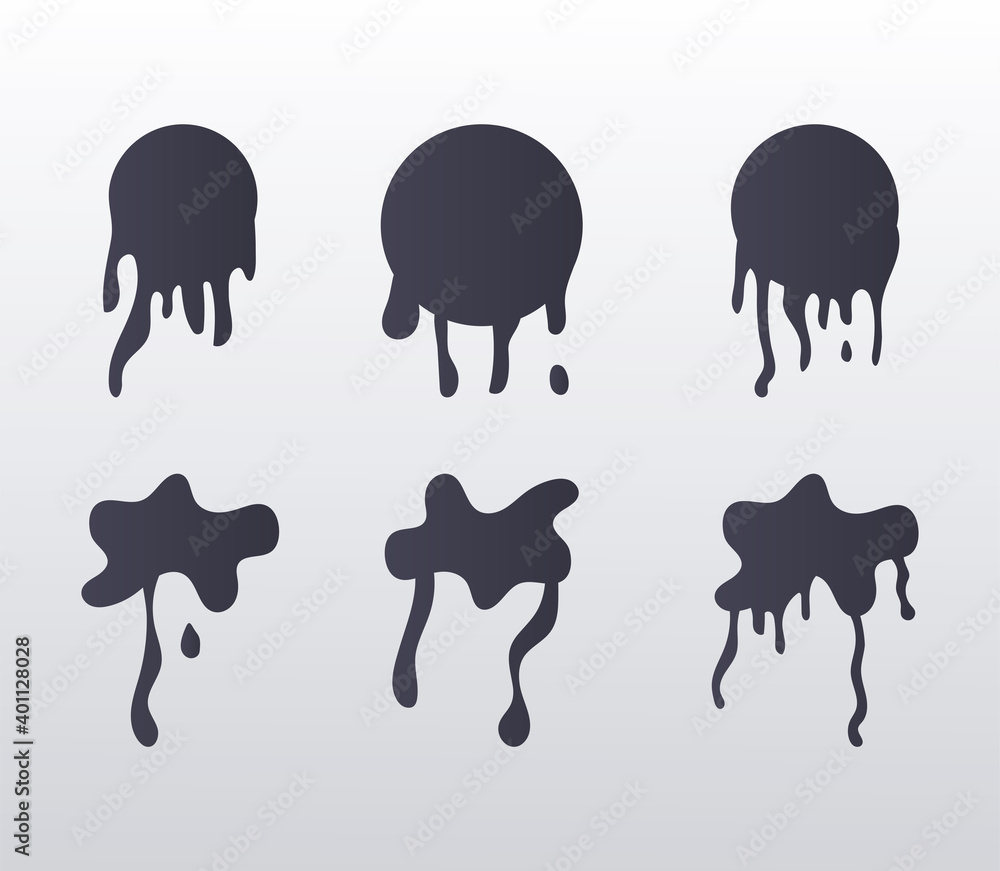 Sticker six forms drips inks blots monochrome flat style icons