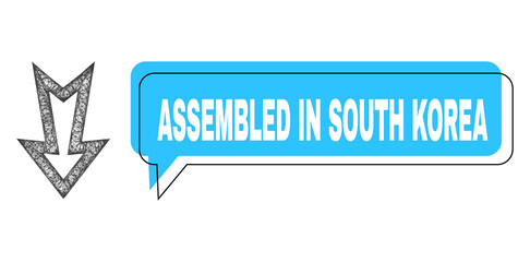 Chat Assembled in South Korea blue bubble frame and crossing mesh arrow down. Frame and colored area are shifted for Assembled in South Korea phrase, which is located inside blue colored bubble.