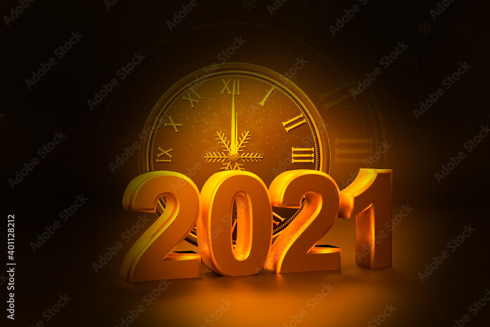 Poster modern new year background with spotlight and snowflakes in the background with big clock. luxury 3d