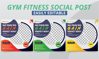 Fitness Gym Social Media Post Layout for Workout Club Membership Increasing Header, Tips & Offer Advertising Templates. Modern Geometric Sport & Bodybuilding Promo Social Media Square Web Banner.