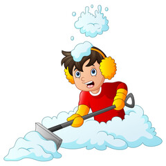 A boy cleaning the accumulated snow illustration