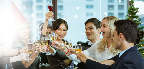 Celebrating corporate  business people, organizing meetings, encouraging beliefs through crisis, young groups having fun with party events in the office.