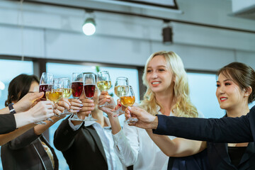 Celebrating corporate businessmen, organizing meetings, encouraging beliefs through crisis, young groups having fun with party events in the office.