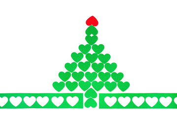 Green christmas tree made from hearts. Abstract cute decorative illustration for invitation. New Year tree made with hearts. Christmas paper craft