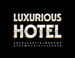 Vector premium logo Luxurious Hotel. White and Gold shiny Font. 3D Alpahebt Letters and Numbers 
