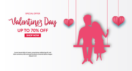 sweet couple boy and girl swing romance silhouette for valentine's day sale offer banner template.