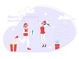 Christmas New Year Greetings design concept. Men give gift boxes to girlfriends. used for web, posters, flyers. flat vector.