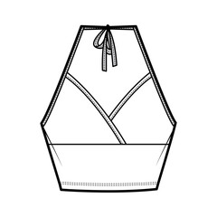 Crop halter neck Camisole surplice tank cotton-jersey top technical fashion illustration with empire seam, bow, slim fit. Flat outwear template front, white color. Women men CAD mockup