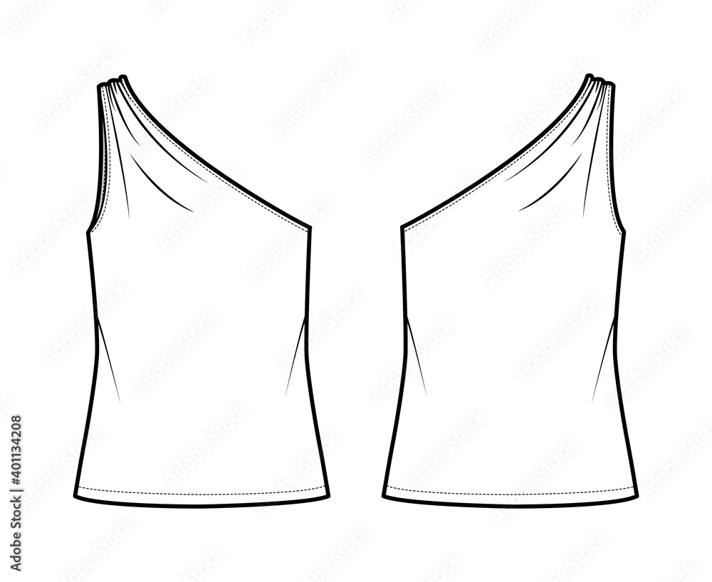 Sticker One-shoulder top tank technical fashion illustration with ruching, oversized body, tunic length hem. Flat outwear shirt apparel template front, back, white color. Women, men unisex CAD mockup - Stickers