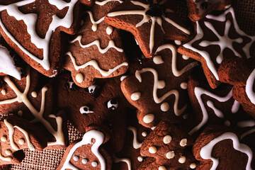 gingerbread (christmas atmosphere, new year holiday) decoration. top food background