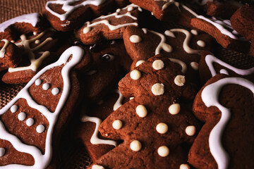 gingerbread (christmas atmosphere, new year holiday) decoration. top food background