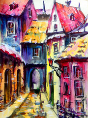 Watercolor colorful bright textured abstract background handmade . Mediterranean landscape . Painting of architecture  of the old city , made in the technique of watercolors from nature