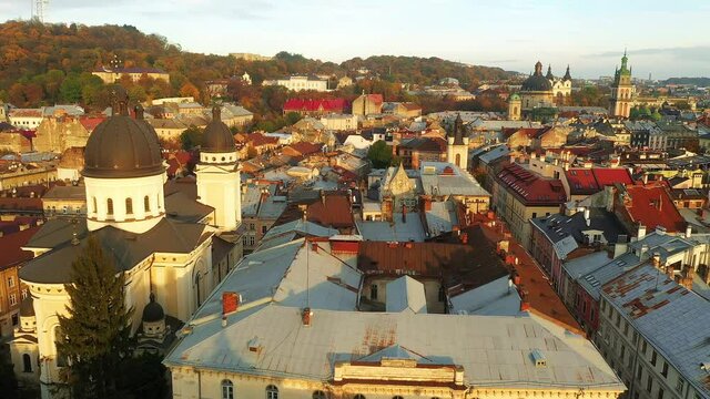 aerial 4k shot of city center of Lviv, Ukraine from above
