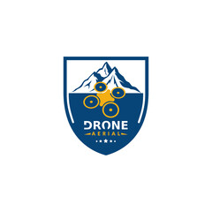 Emblem of drone aerial logo or icon vector illustration with a mountain object