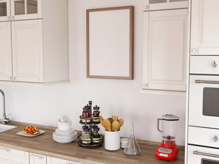Fototapeta na wymiar Blank Photo Frame Realistic Mockup in the kitchen. 3D Rendering, 3D illustration.