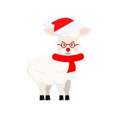 Cute christmas sheep vector icon isolated on white background. Farm animal happy lamb with in santa claus red hat, glasses and scarf cartoon character. Flat style graphic design illustration.
