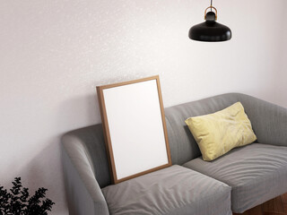 Blank Photo Frame Realistic Mockup on The Chair. 3D Rendering, 3D illustration.