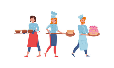 Smiling Man and Woman Baking Bread and Making Confections Vector Illustration Set