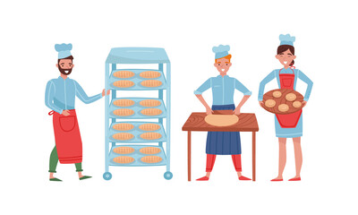 Smiling Man and Woman Baking Bread and Making Confections Vector Illustration Set