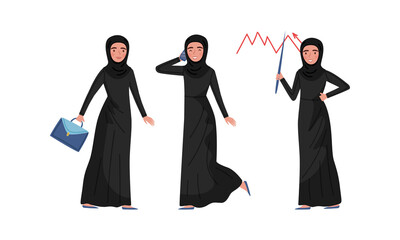 Muslim Business Woman in Traditional Hijab Engaged in Working Process Vector Illustration Set
