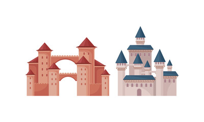 Bright Fairy Castles as Fortified Middle Age Stone Structure Vector Set