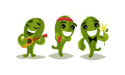 Cheerful Green Cactus Character Playing Guitar and Holding Flower Vector Set