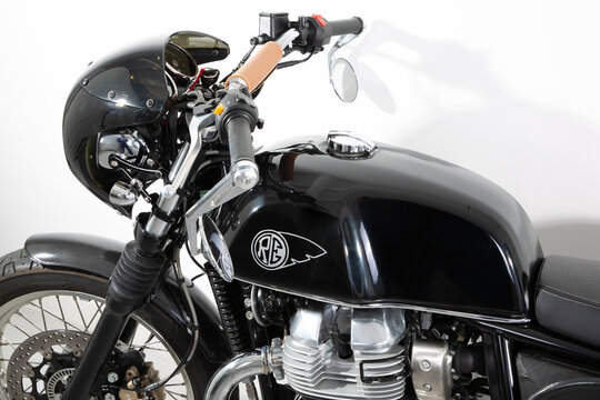Royal Enfield continental gt black cafe racer old school motorcycle fuel tank of vintage indian motorbike