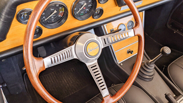 Ferrari Fiat Dino Interior Seat Wooden Steering Wheel With Logo Sign And Wood Dashboard Of Sport Italian Car