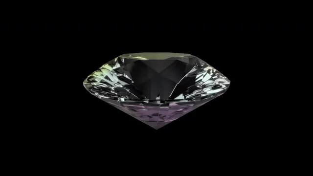 Diamond rotating in loop. Isolated crystal diamond refracting rainbow reflections.