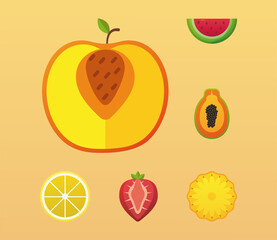 peach and bundle of fresh delicious fruits set icons